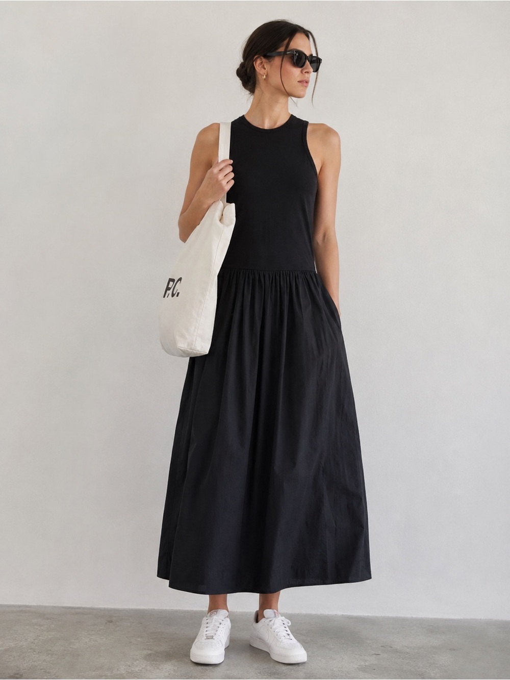 Frame Denim Black Sleeveless Maxi Dress with Gathered Skirt
